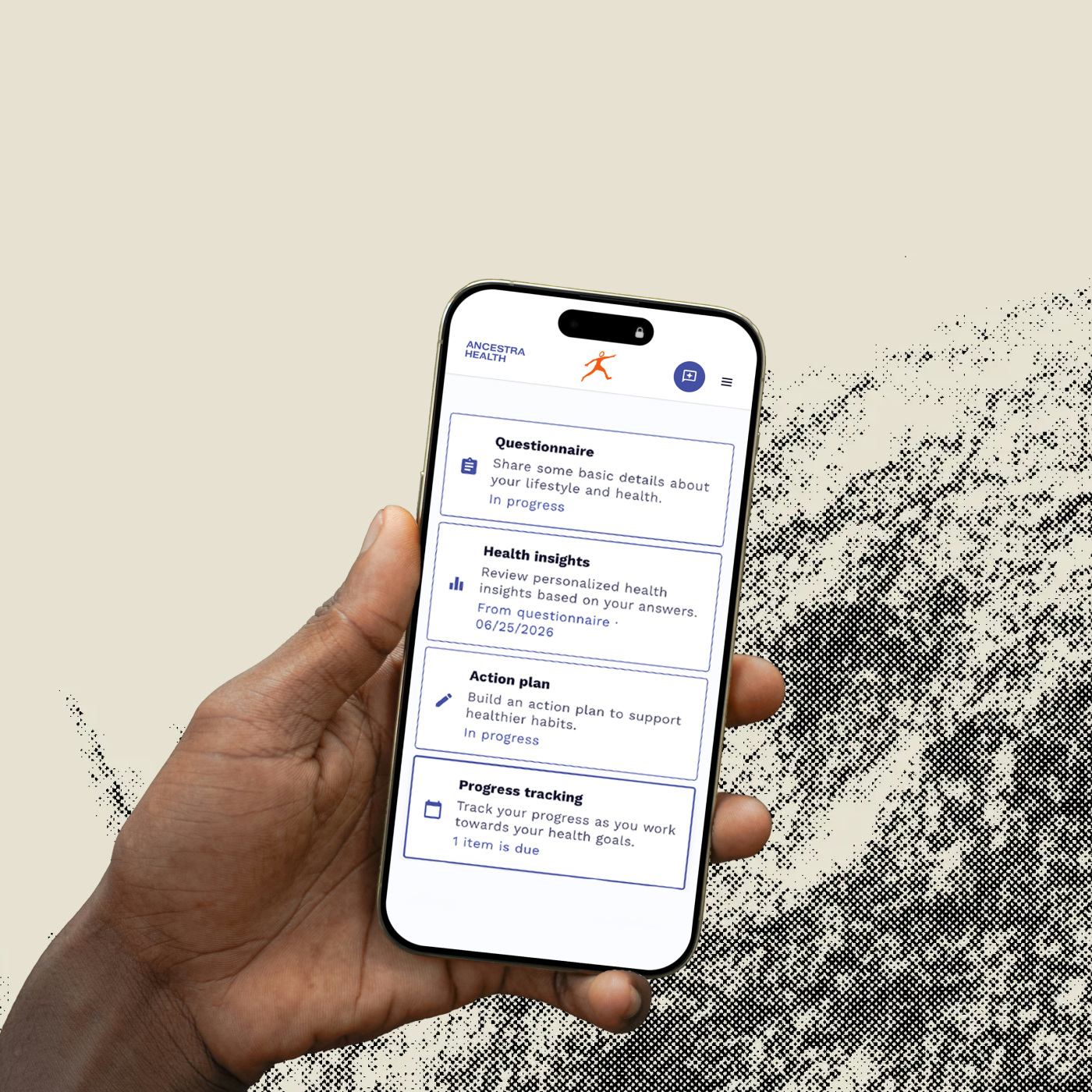Hand holding a phone showing the Ancestra Health app home screen